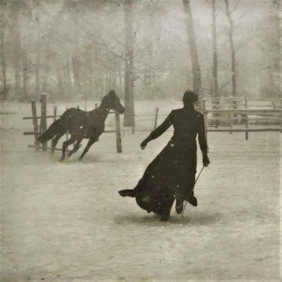 Lady and her horse on a snowy day in 1899. Photograph by Félix Thiollier